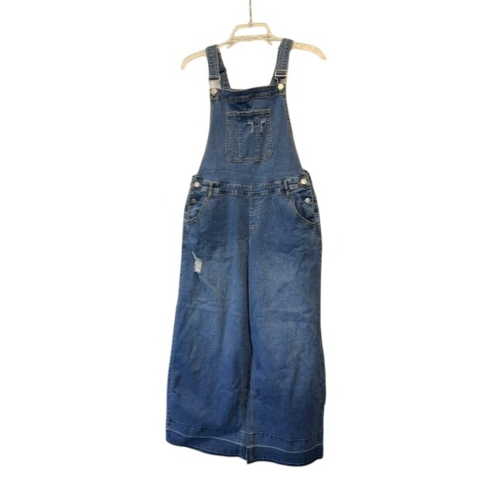 VENUS Womens 14 Wide Leg Denim Overalls Blue Stretch Distressed Bib Jumpsuit